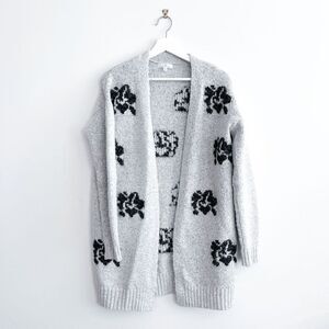 Camber & Grace Womens Floral Oversized Knit Cardigan Sweater Gray Black Medium